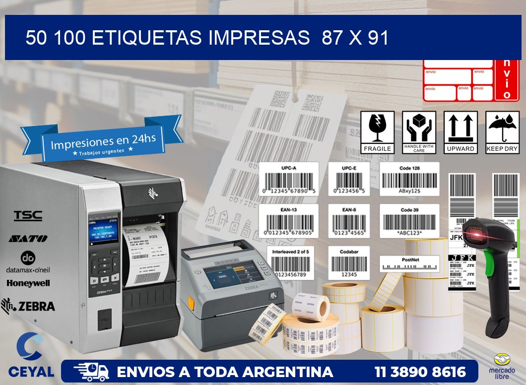 50 100 ETIQUETAS IMPRESAS  87 x 91