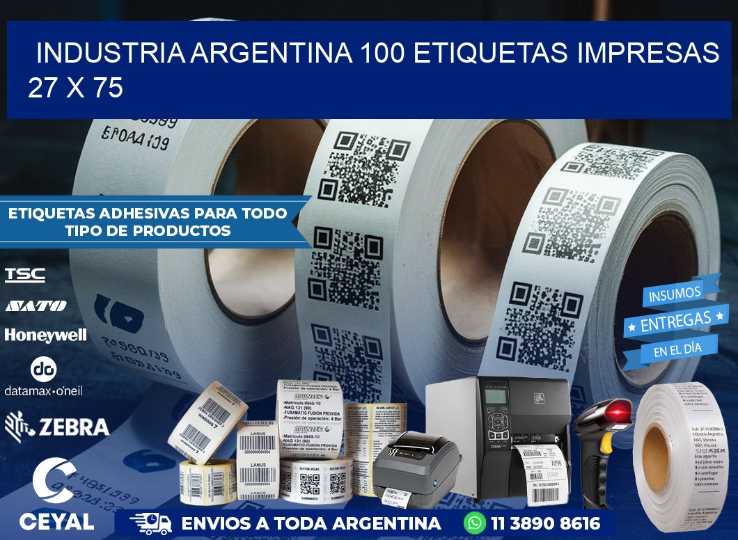 INDUSTRIA ARGENTINA 100 ETIQUETAS IMPRESAS  27 x 75