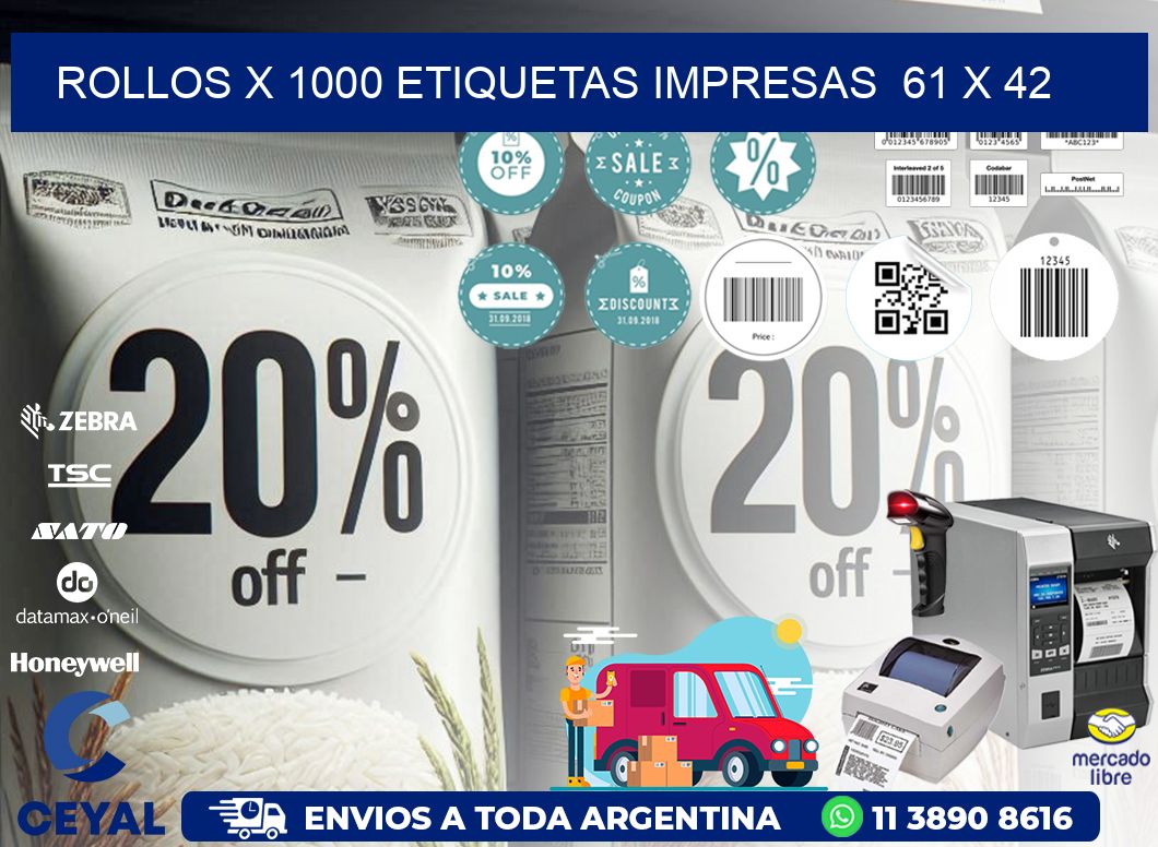 ROLLOS X 1000 ETIQUETAS IMPRESAS  61 x 42