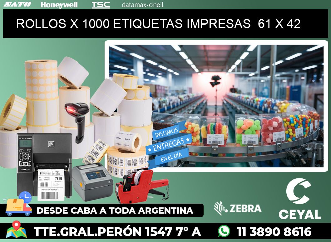 ROLLOS X 1000 ETIQUETAS IMPRESAS  61 x 42