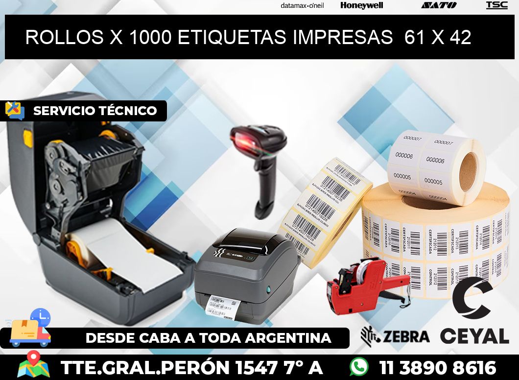 ROLLOS X 1000 ETIQUETAS IMPRESAS  61 x 42