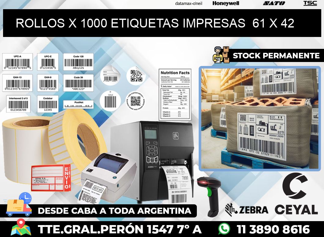 ROLLOS X 1000 ETIQUETAS IMPRESAS  61 x 42