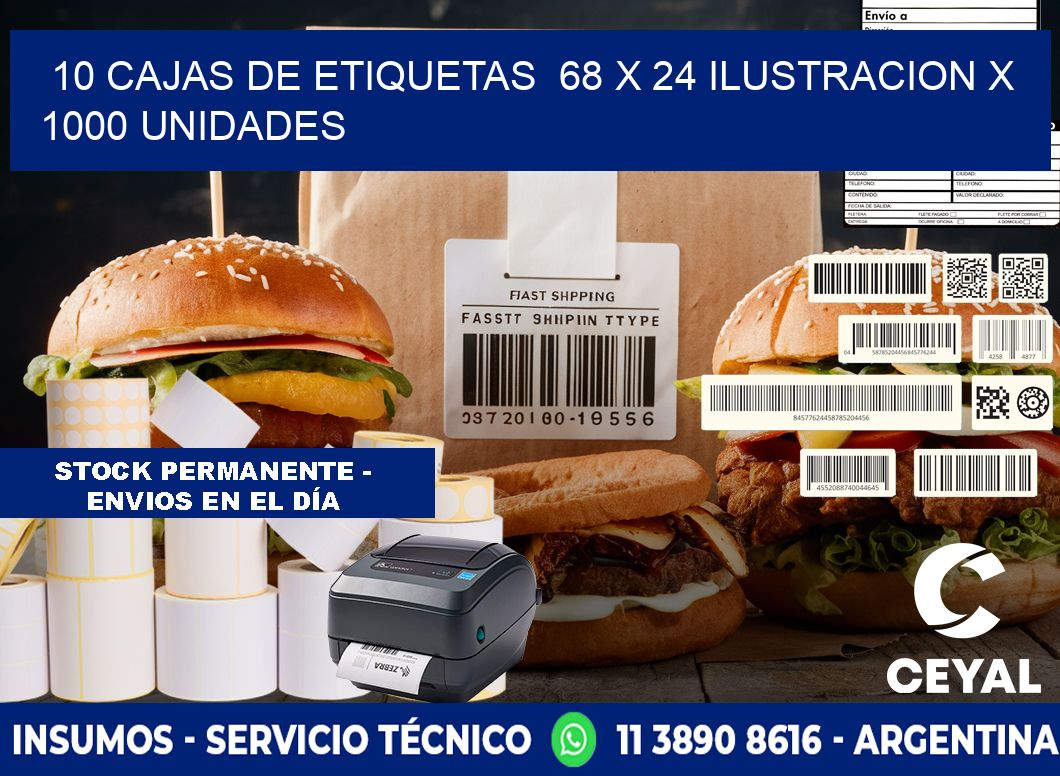 10 CAJAS DE ETIQUETAS  68 x 24 ILUSTRACION X 1000 UNIDADES