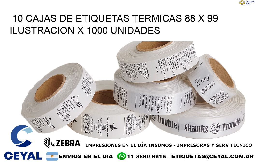 10 CAJAS DE ETIQUETAS TERMICAS 88 x 99 ILUSTRACION X 1000 UNIDADES