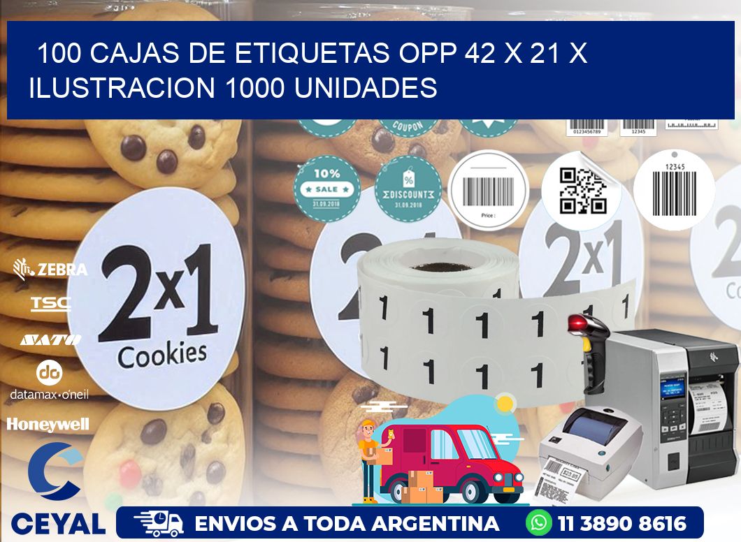 100 CAJAS DE ETIQUETAS OPP 42 x 21 X ILUSTRACION 1000 UNIDADES