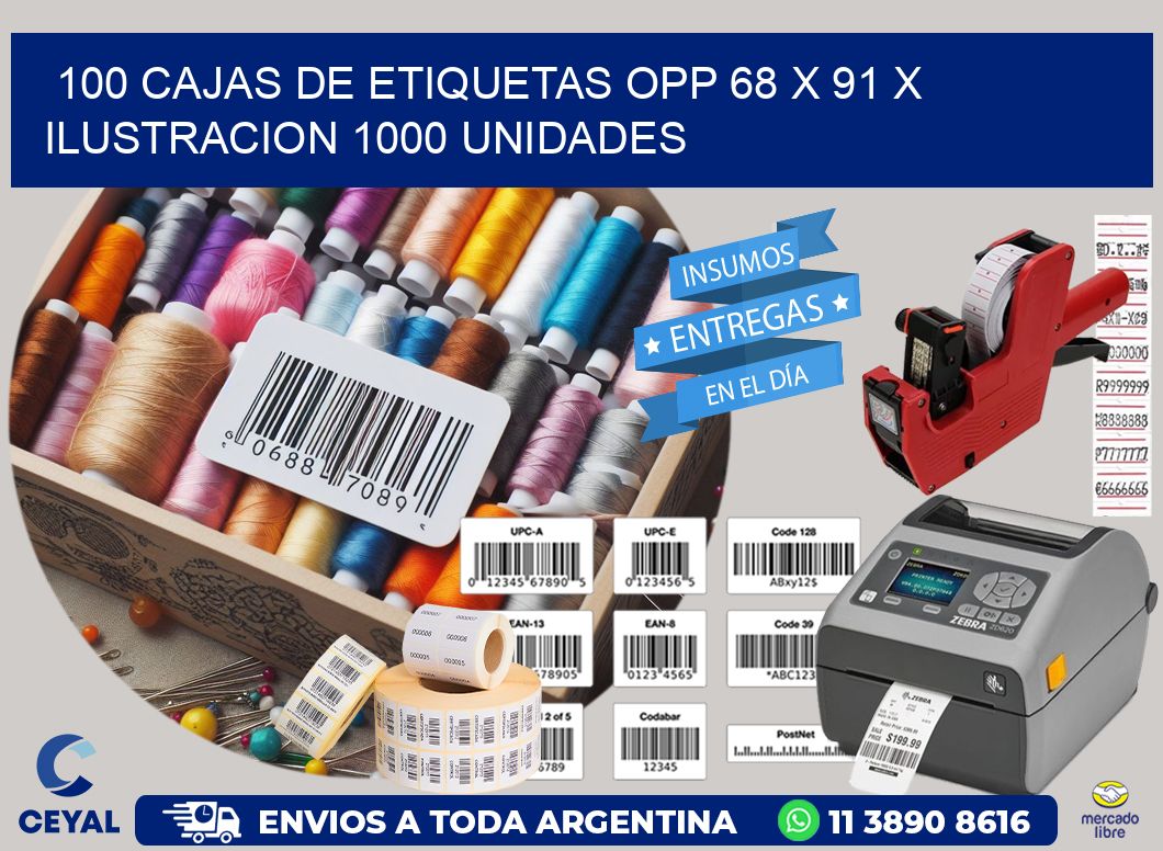 100 CAJAS DE ETIQUETAS OPP 68 x 91 X ILUSTRACION 1000 UNIDADES