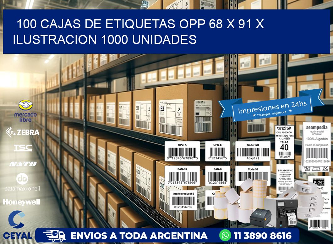 100 CAJAS DE ETIQUETAS OPP 68 x 91 X ILUSTRACION 1000 UNIDADES