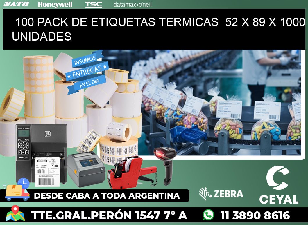 100 PACK DE ETIQUETAS TERMICAS  52 x 89 X 1000 UNIDADES