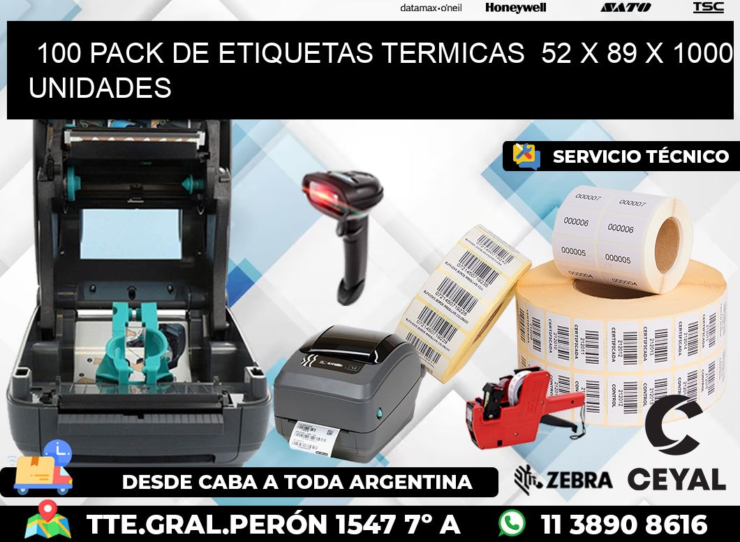 100 PACK DE ETIQUETAS TERMICAS  52 x 89 X 1000 UNIDADES