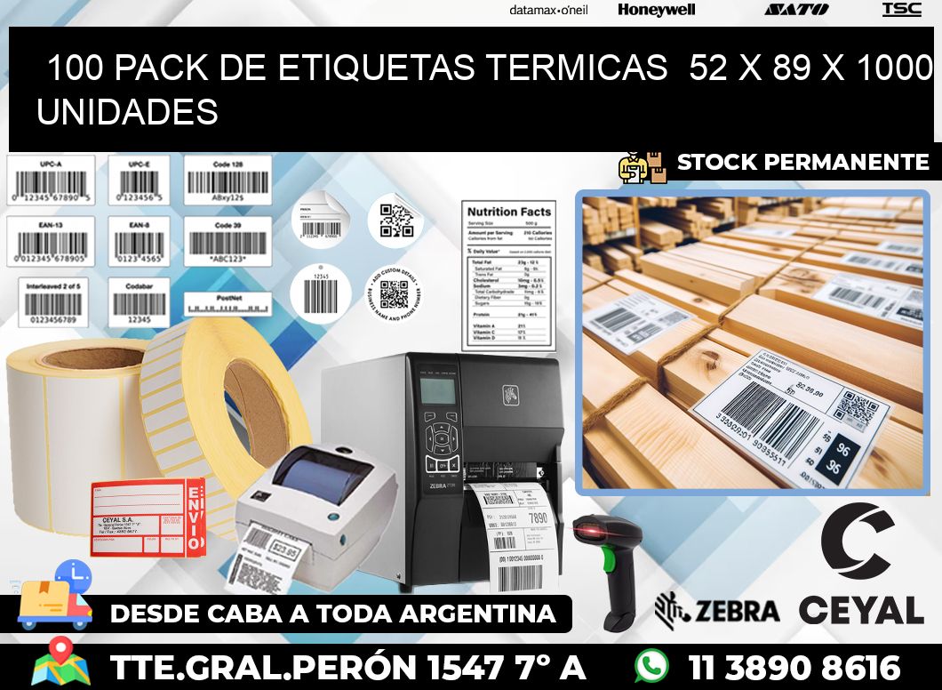 100 PACK DE ETIQUETAS TERMICAS  52 x 89 X 1000 UNIDADES