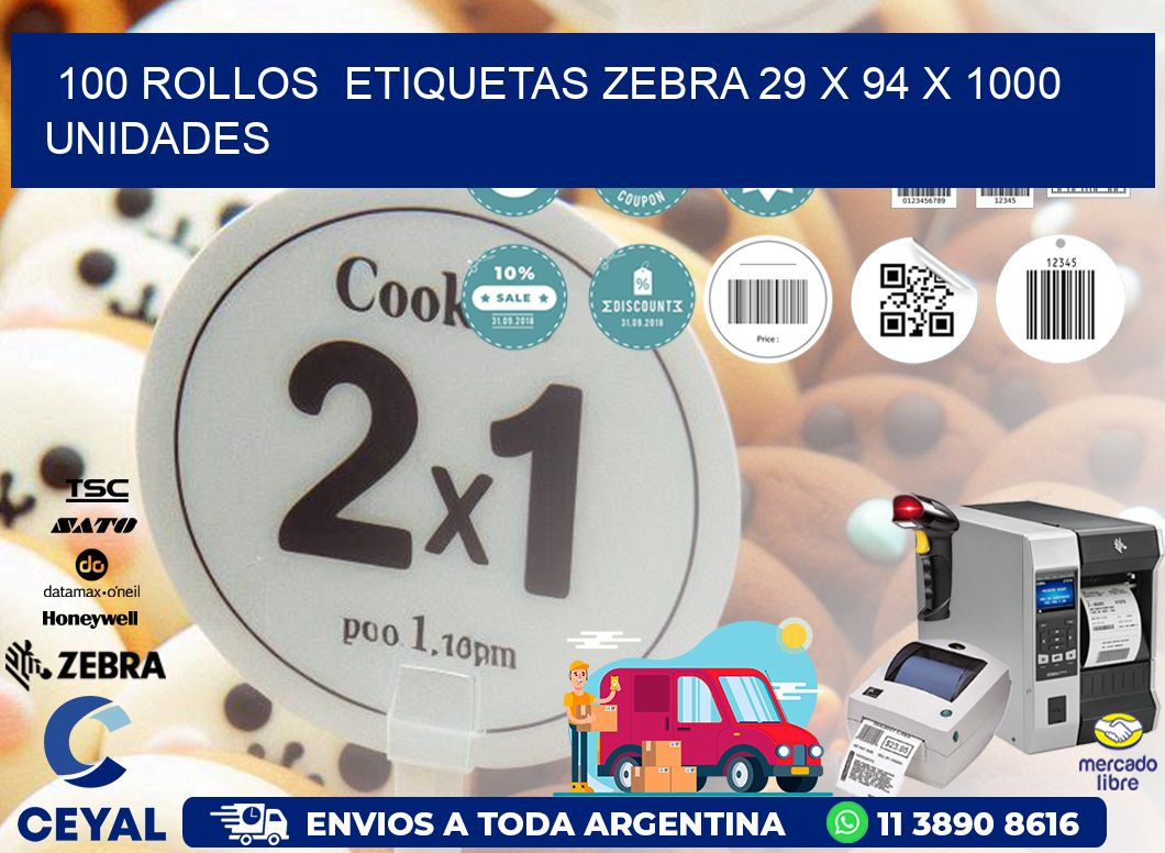 100 ROLLOS  ETIQUETAS ZEBRA 29 x 94 X 1000 UNIDADES