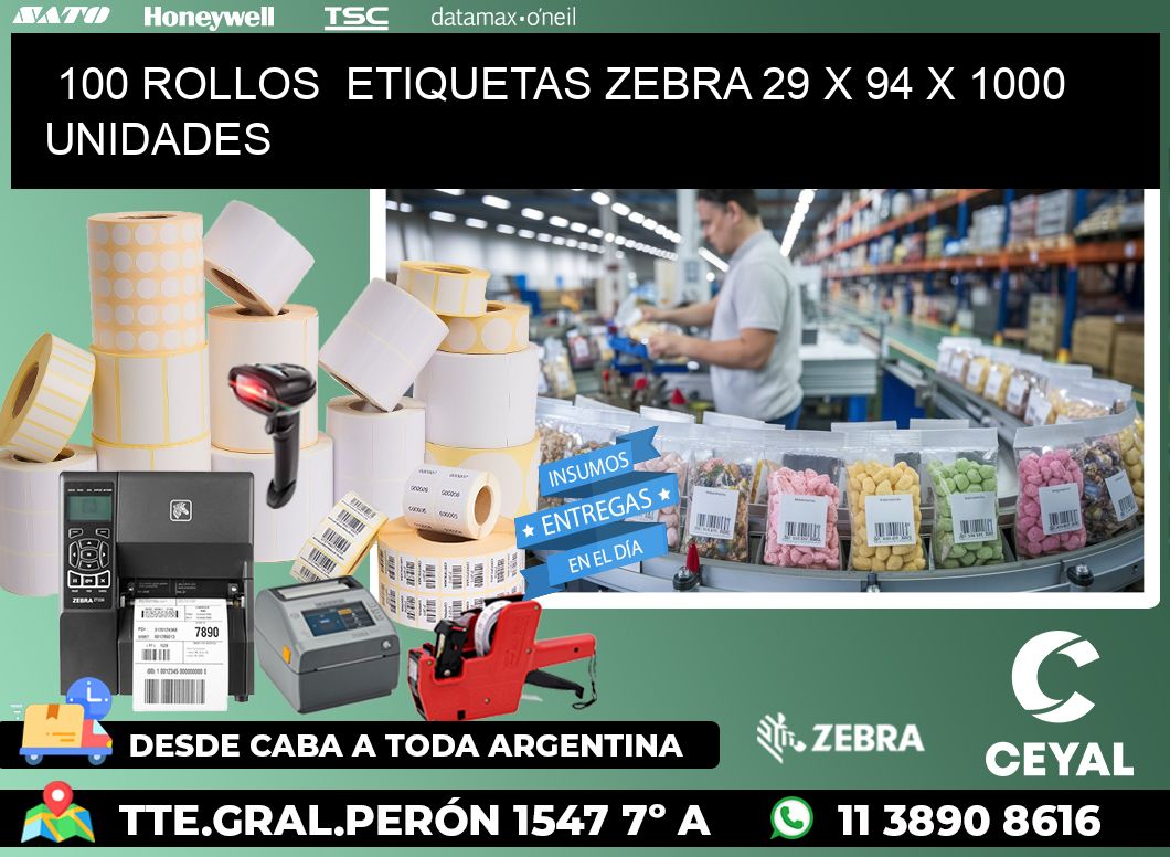 100 ROLLOS  ETIQUETAS ZEBRA 29 x 94 X 1000 UNIDADES