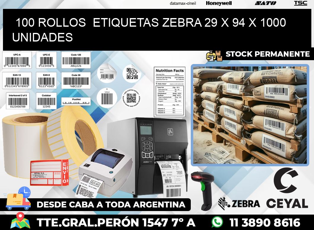 100 ROLLOS  ETIQUETAS ZEBRA 29 x 94 X 1000 UNIDADES