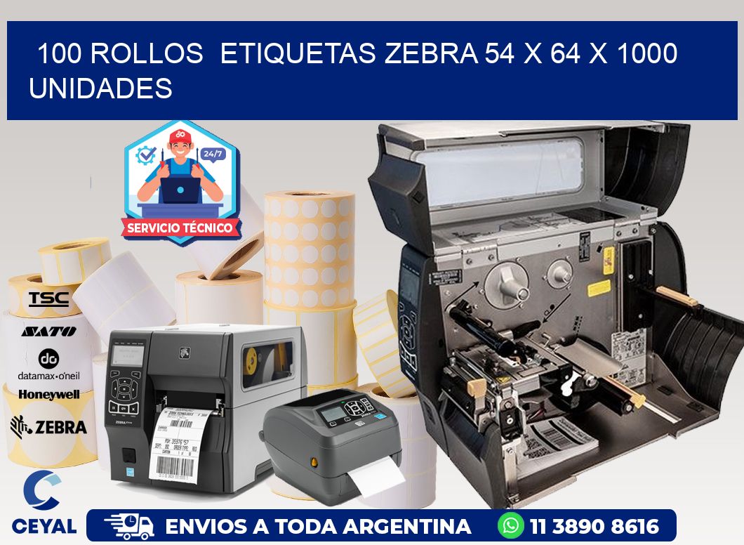 100 ROLLOS  ETIQUETAS ZEBRA 54 x 64 X 1000 UNIDADES