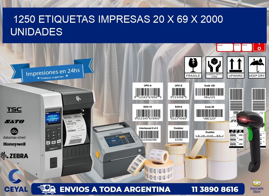 1250 ETIQUETAS IMPRESAS 20 x 69 X 2000 UNIDADES