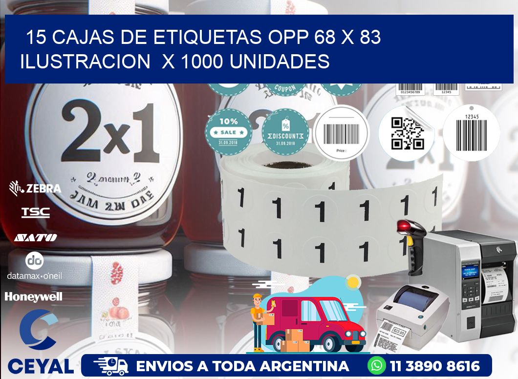 15 CAJAS DE ETIQUETAS OPP 68 x 83 ILUSTRACION  X 1000 UNIDADES