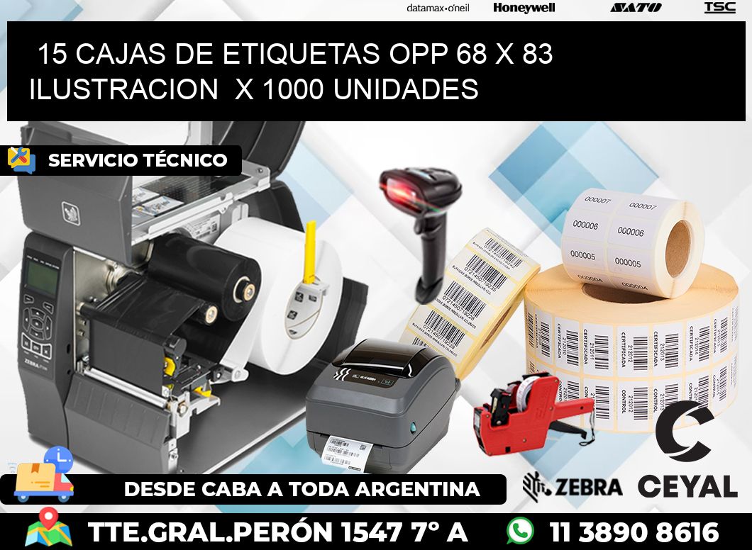 15 CAJAS DE ETIQUETAS OPP 68 x 83 ILUSTRACION  X 1000 UNIDADES