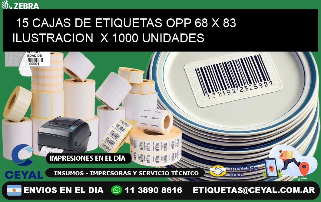 15 CAJAS DE ETIQUETAS OPP 68 x 83 ILUSTRACION  X 1000 UNIDADES