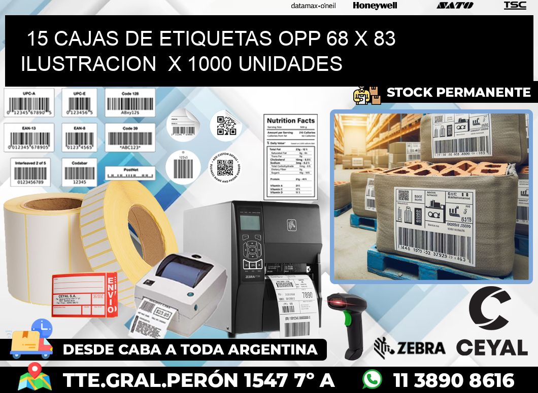 15 CAJAS DE ETIQUETAS OPP 68 x 83 ILUSTRACION  X 1000 UNIDADES