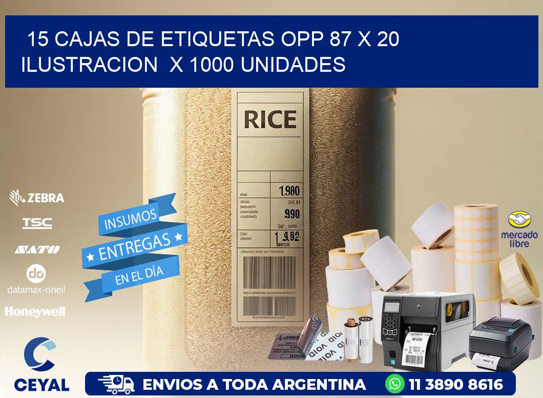 15 CAJAS DE ETIQUETAS OPP 87 x 20 ILUSTRACION  X 1000 UNIDADES