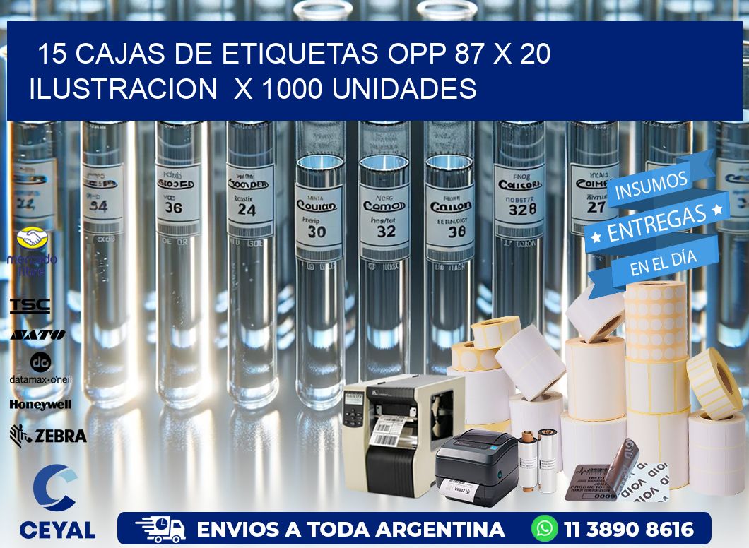 15 CAJAS DE ETIQUETAS OPP 87 x 20 ILUSTRACION  X 1000 UNIDADES