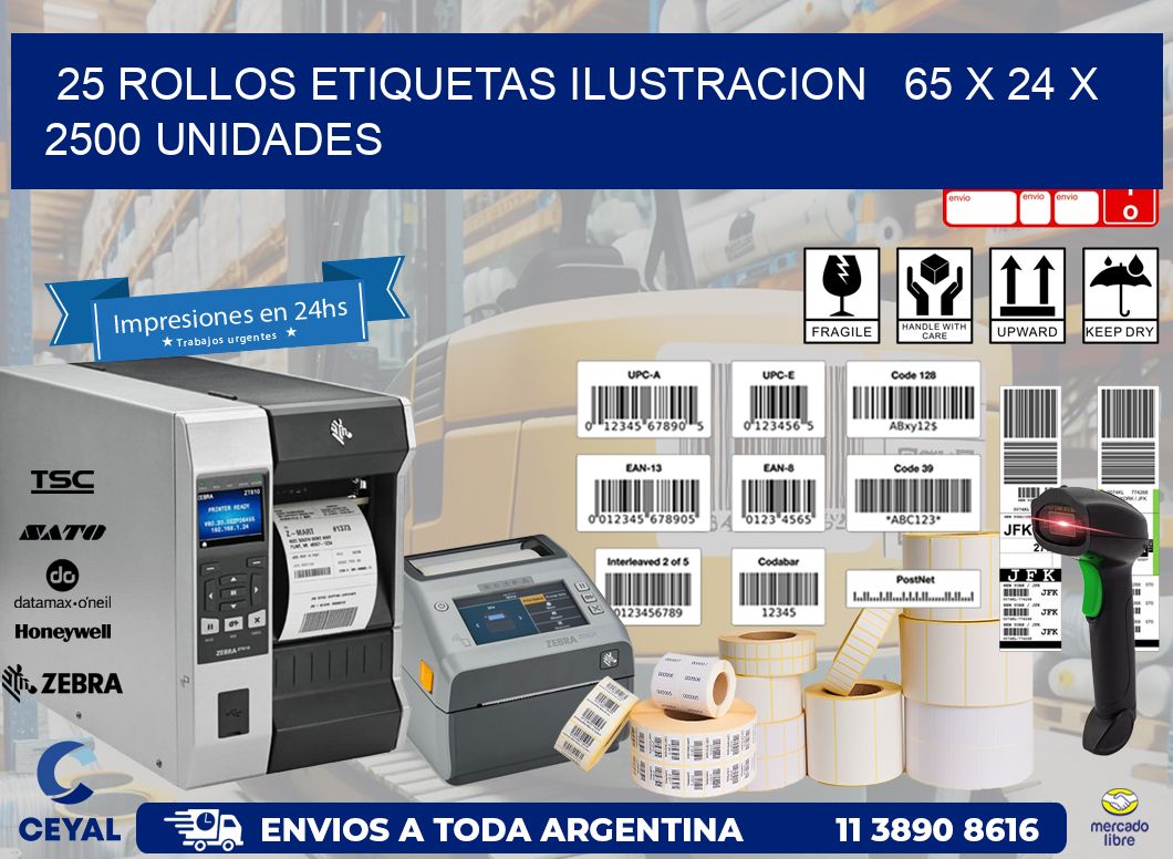 25 ROLLOS ETIQUETAS ILUSTRACION   65 x 24 X 2500 UNIDADES