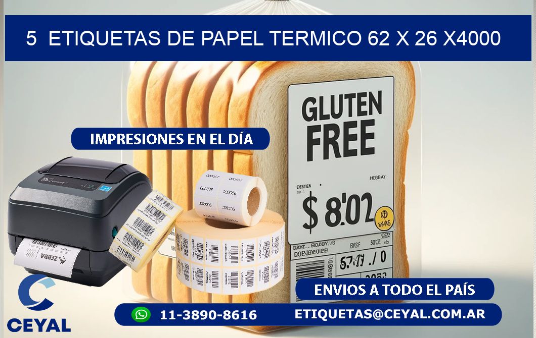 5  ETIQUETAS DE PAPEL TERMICO 62 x 26 X4000