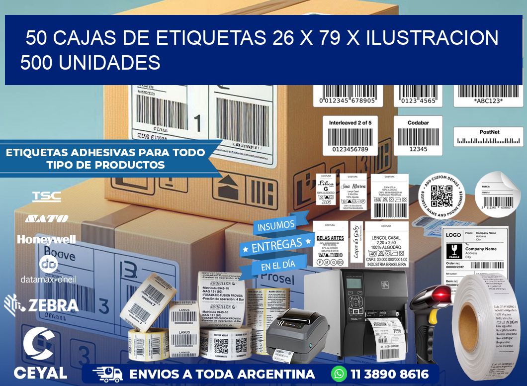 50 CAJAS DE ETIQUETAS 26 x 79 X ILUSTRACION 500 UNIDADES