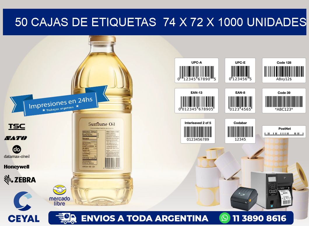 50 CAJAS DE ETIQUETAS  74 x 72 X 1000 UNIDADES