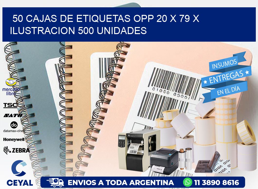 50 CAJAS DE ETIQUETAS OPP 20 x 79 X ILUSTRACION 500 UNIDADES