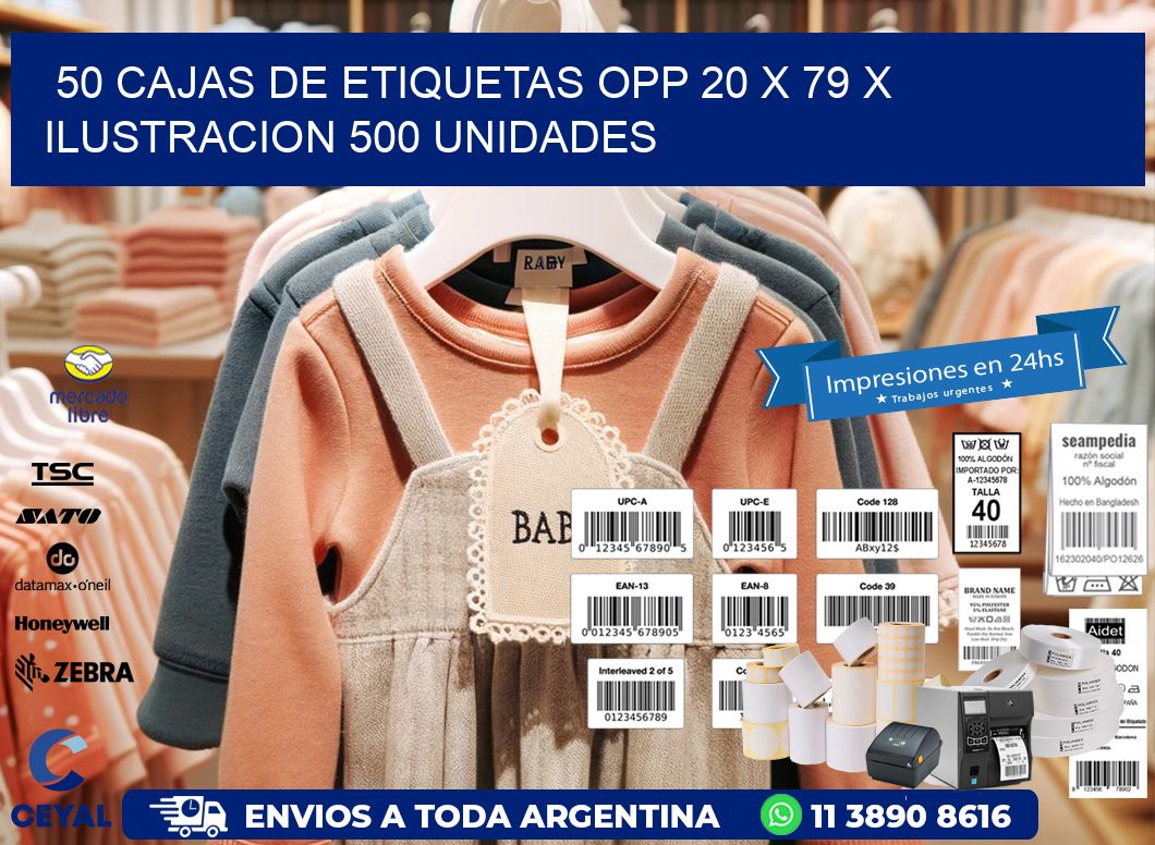 50 CAJAS DE ETIQUETAS OPP 20 x 79 X ILUSTRACION 500 UNIDADES