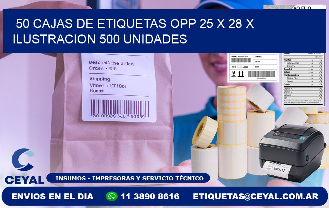 50 CAJAS DE ETIQUETAS OPP 25 x 28 X ILUSTRACION 500 UNIDADES