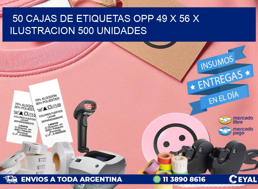 50 CAJAS DE ETIQUETAS OPP 49 x 56 X ILUSTRACION 500 UNIDADES