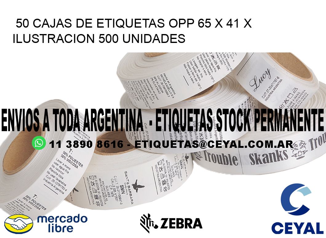 50 CAJAS DE ETIQUETAS OPP 65 x 41 X ILUSTRACION 500 UNIDADES