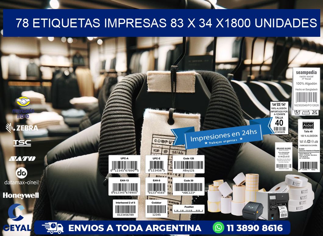 78 ETIQUETAS IMPRESAS 83 x 34 X1800 UNIDADES