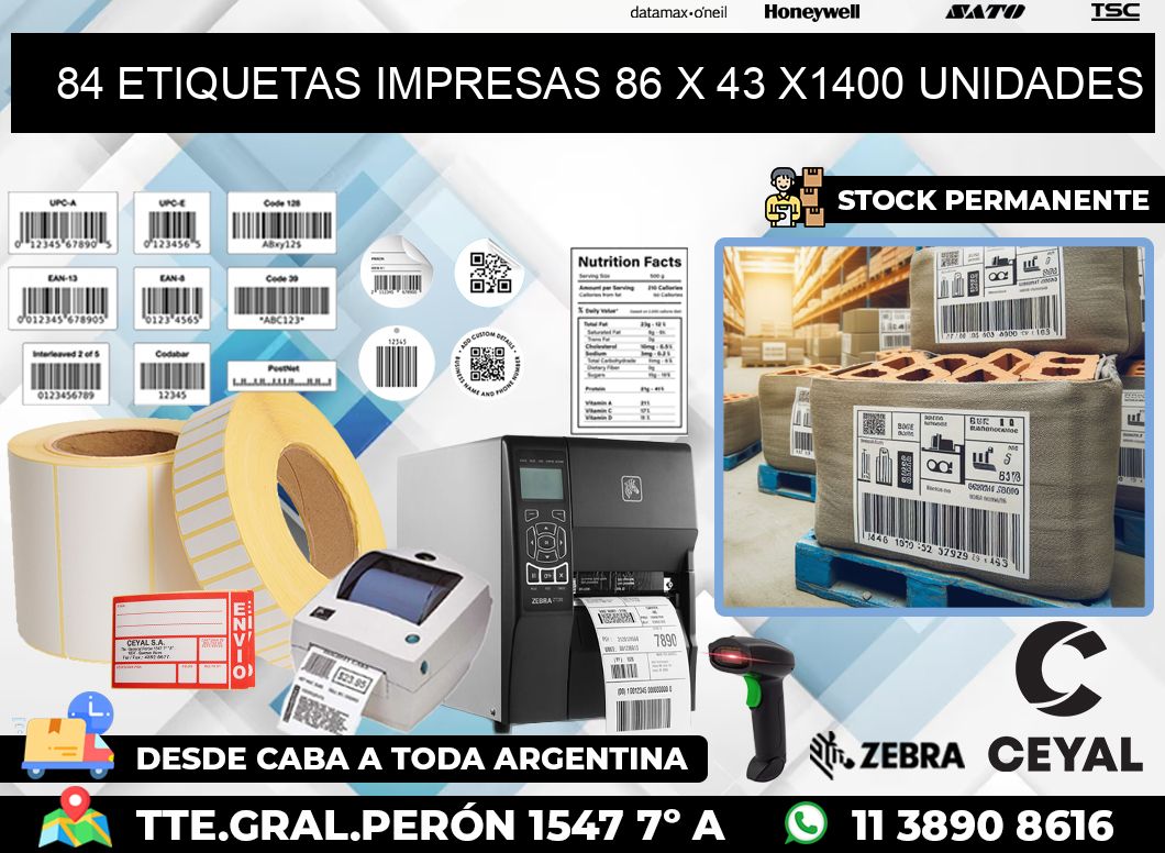 84 ETIQUETAS IMPRESAS 86 x 43 X1400 UNIDADES